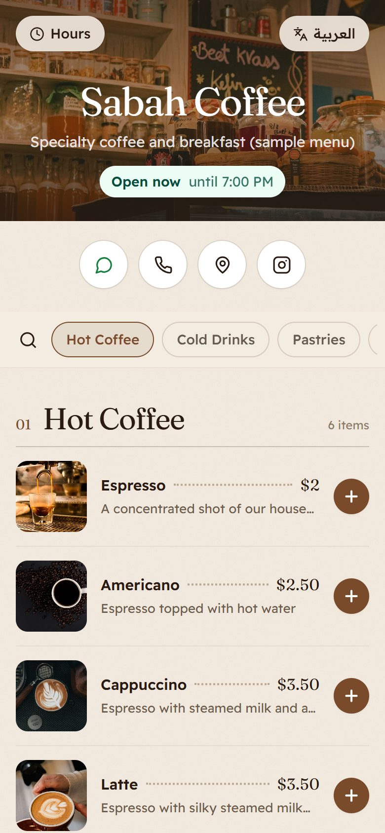 Coffee shop design on a phone: a cover photo header, an open-now badge, and a compact drinks list with dotted prices and small photos.