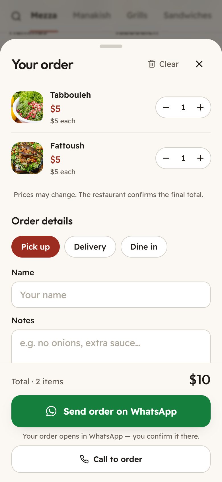 Order sheet on a phone: the dishes a customer picks, with quantities and a total, ready to send on WhatsApp.