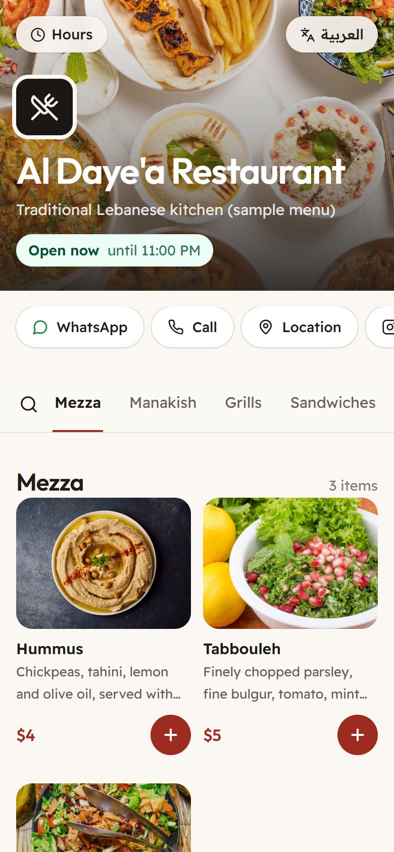 Restaurant design on a phone: a cover photo of dishes, an open-now badge, quick contact buttons, and a menu with photos and prices.